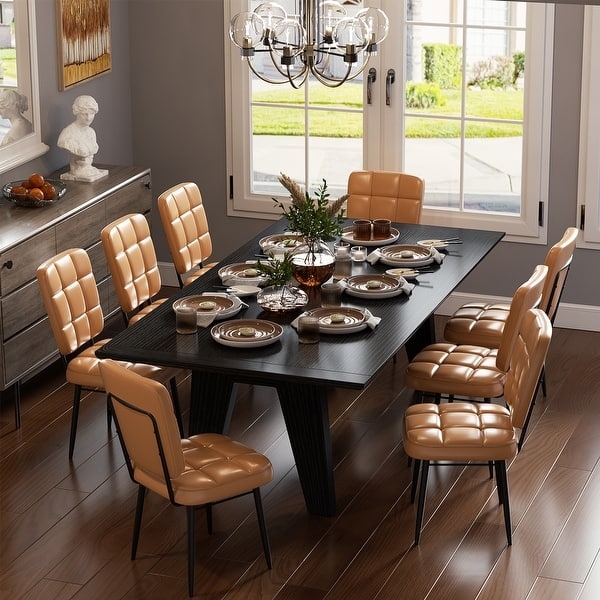 Dining Chair Tan Leather Like Grid Tufted Slim Black Legs
