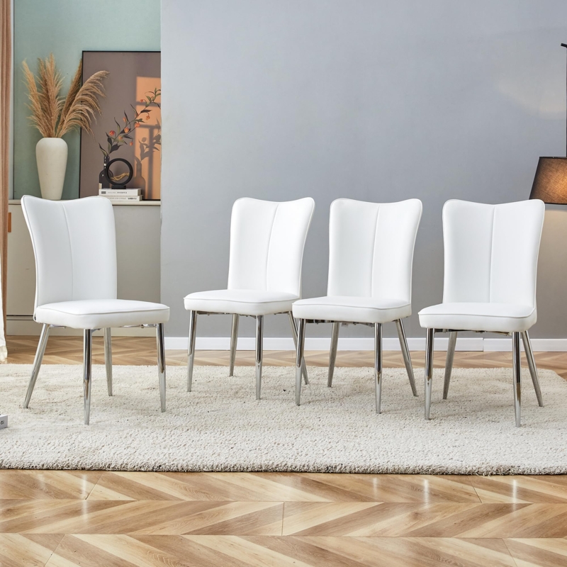 Dining Chair Tapered Chrome Legs Vertical Stitching White Faux Leather