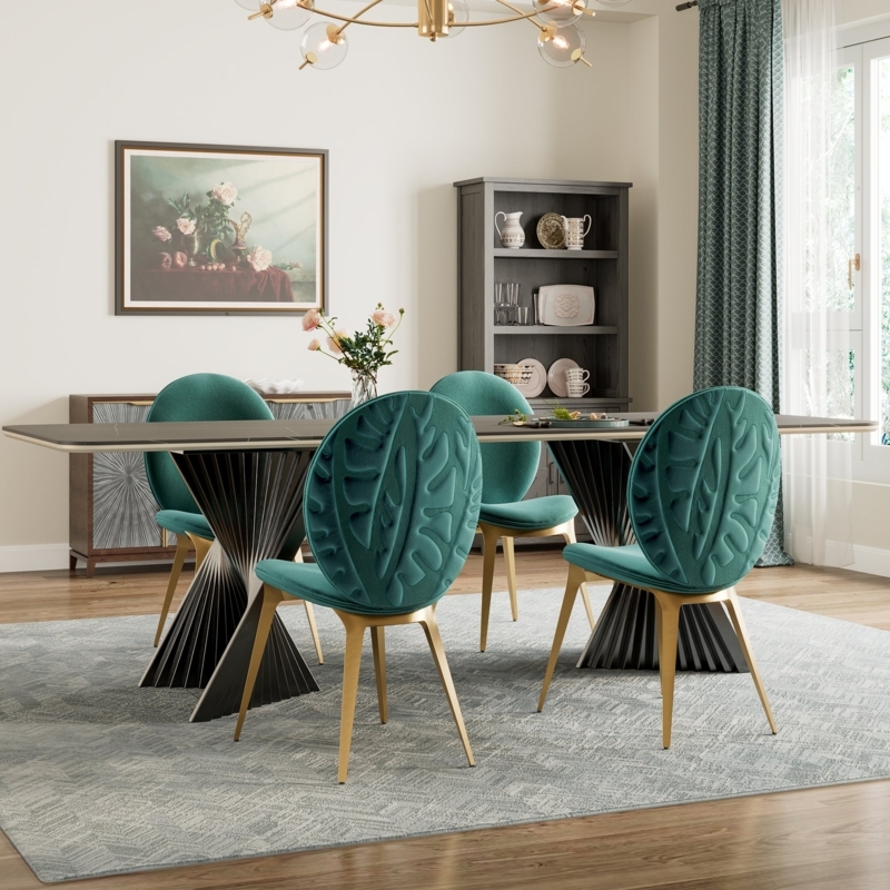 Dining Chair Teal Velvet Embossed Leaf Pattern Back Gold Legs