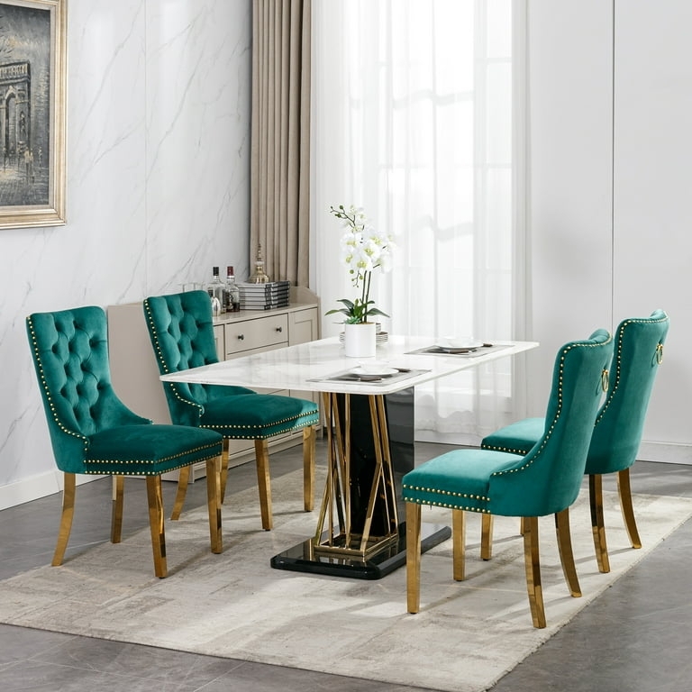 Dining Chair Teal Velvet Tufted With Geometric Gold Base
