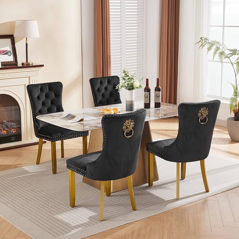 Dining Chair with Lion Head Pull, Black Velvet & Gold Legs