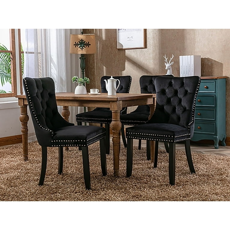 Dining Chair with Nailhead Trim, Black Velvet & Button Tufting