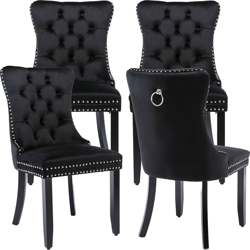 Dining Chair with Silver Ring Pull and Wingback Button Tufting