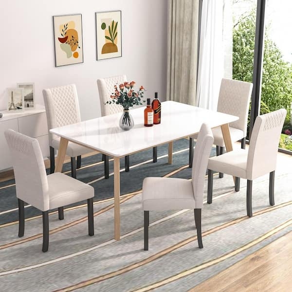Dining Chairs, Beige Fabric with Diamond Quilted Back