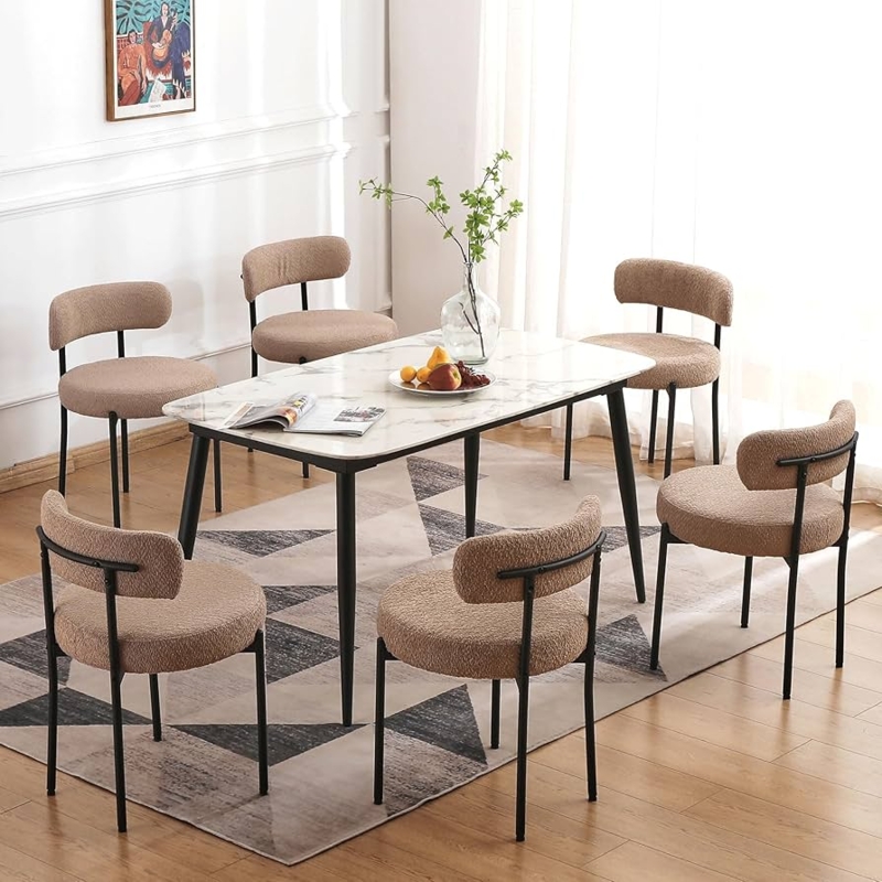 Dining Chairs Cream Boucle Upholstered Curved Back Black Tapered Legs