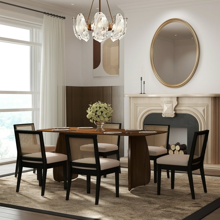 Dining Chairs Set Mid Century Black Frame Rattan Back Beige Linen