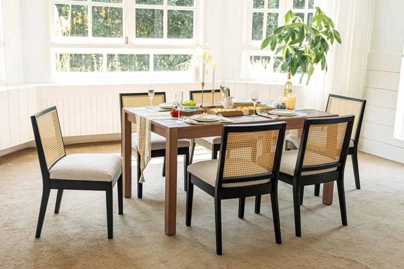 Dining Chairs Set of 6 Black Cane Back Farmhouse Rattan