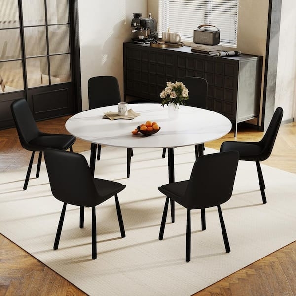 Dining Chairs Set Round Back Black Faux Leather Tapered Metal Legs