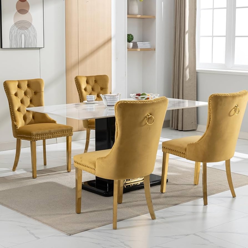 Dining Chairs Velvet Ring Pull Tufted Set Brass Finish