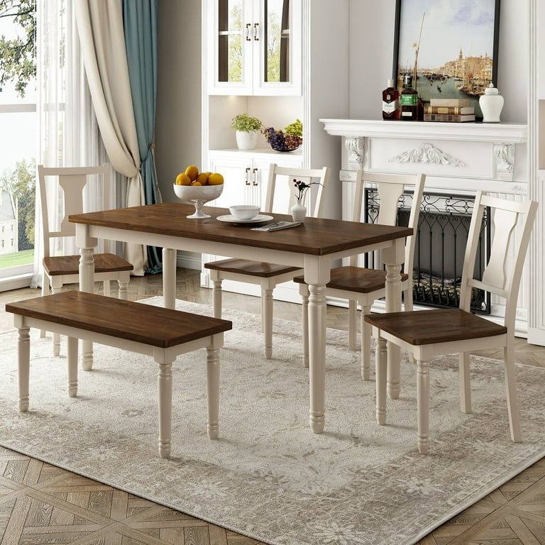 Dining Room Set 6 Piece Cottage Two-Tone with Turned Legs and Bench