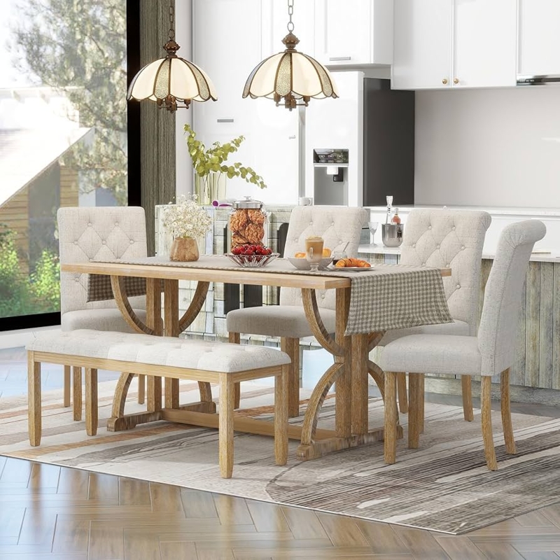 Dining Room Set 6-Piece U-Shaped Table Bench Tufted Beige