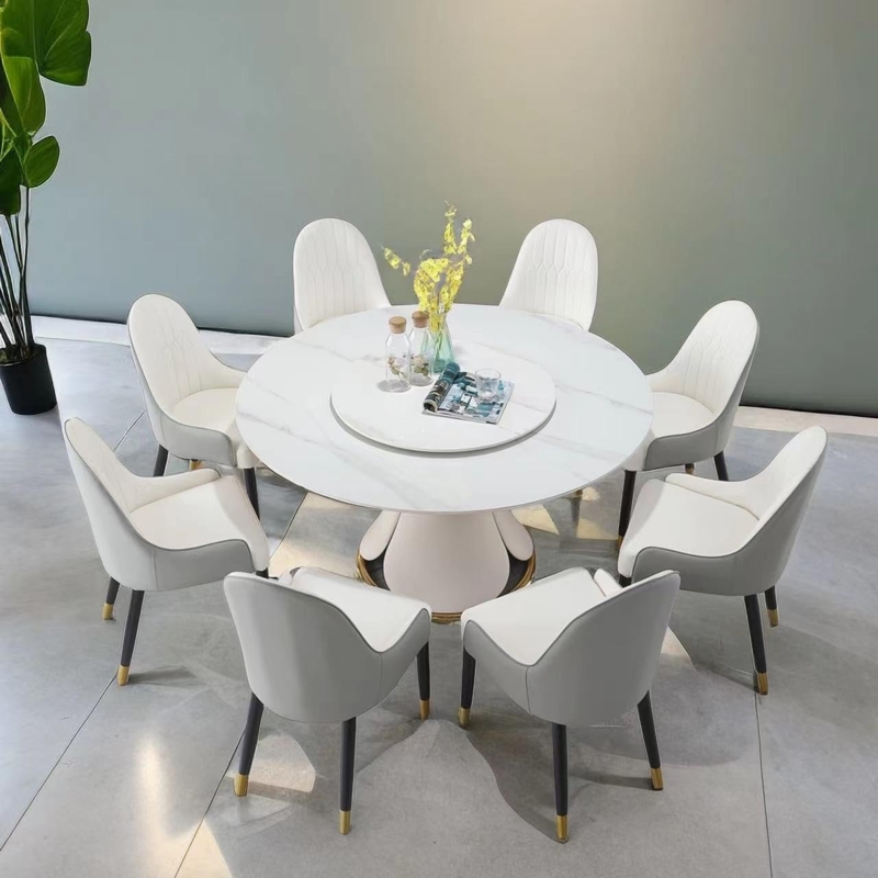 Dining Room Set 8 Seat Stone Round Table with Integrated Lazy Susan
