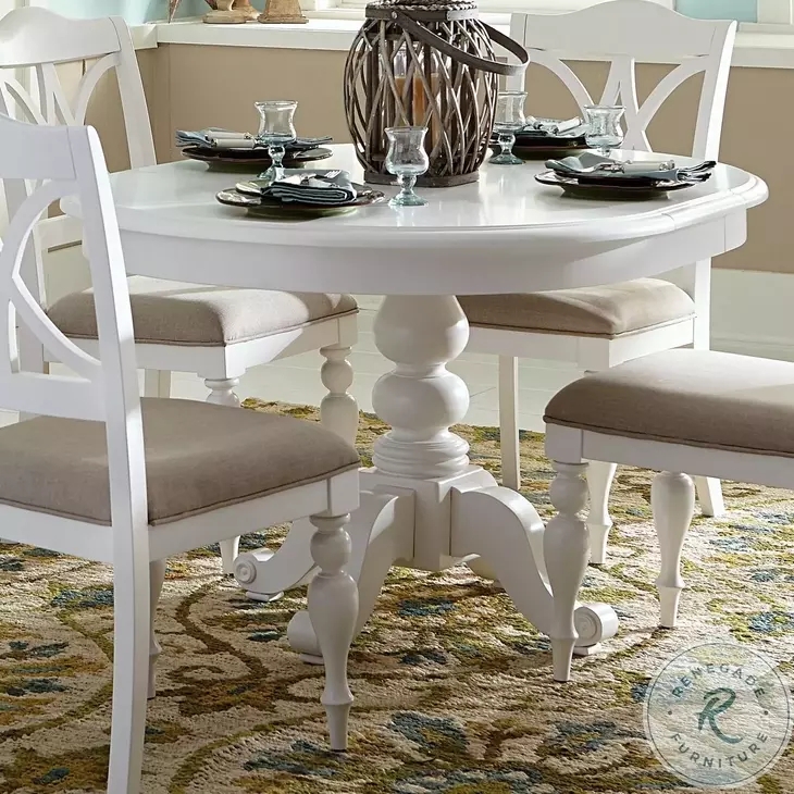 Dining Room Set Antique White Round Pedestal Table Cross Back Chairs