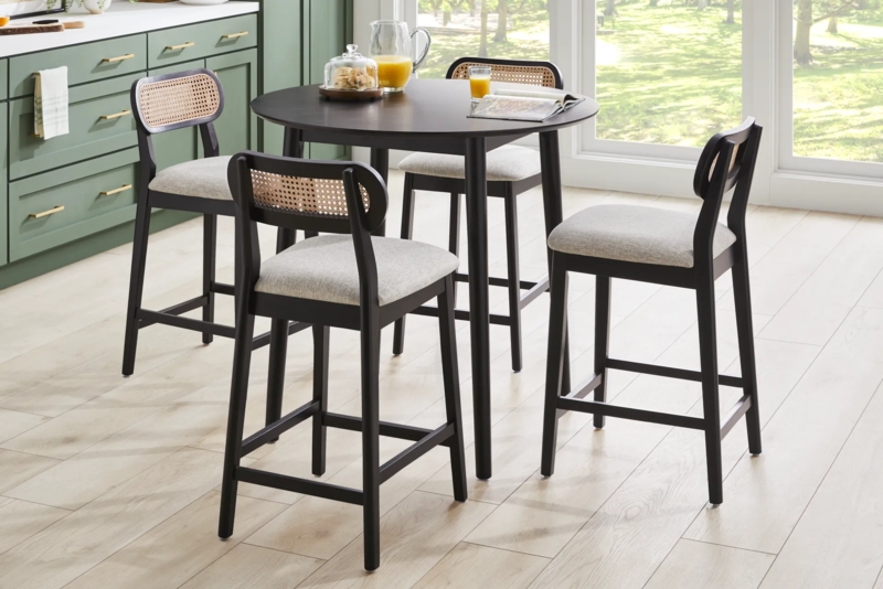 Dining Room Set Cane Inlay Back Matte Black Round Table