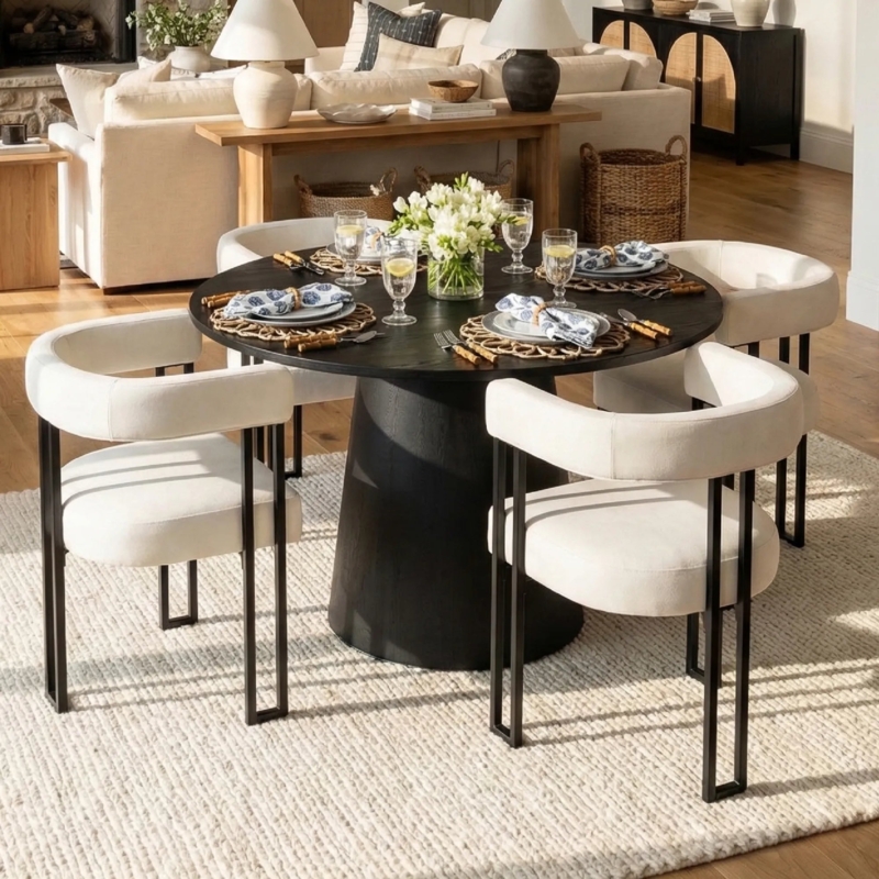 Dining Room Set Conical Pedestal Table White Velvet Wrap Around Chairs