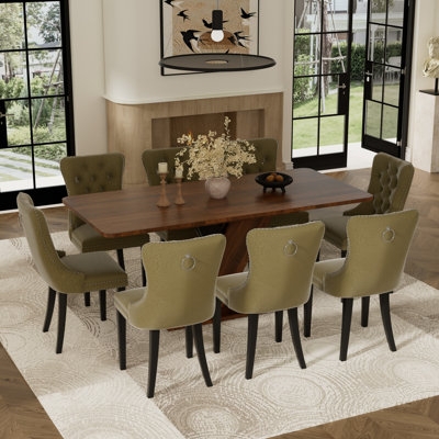 Dining Room Set Dark Wood Trestle Table Moss Green Ring Pull Chairs