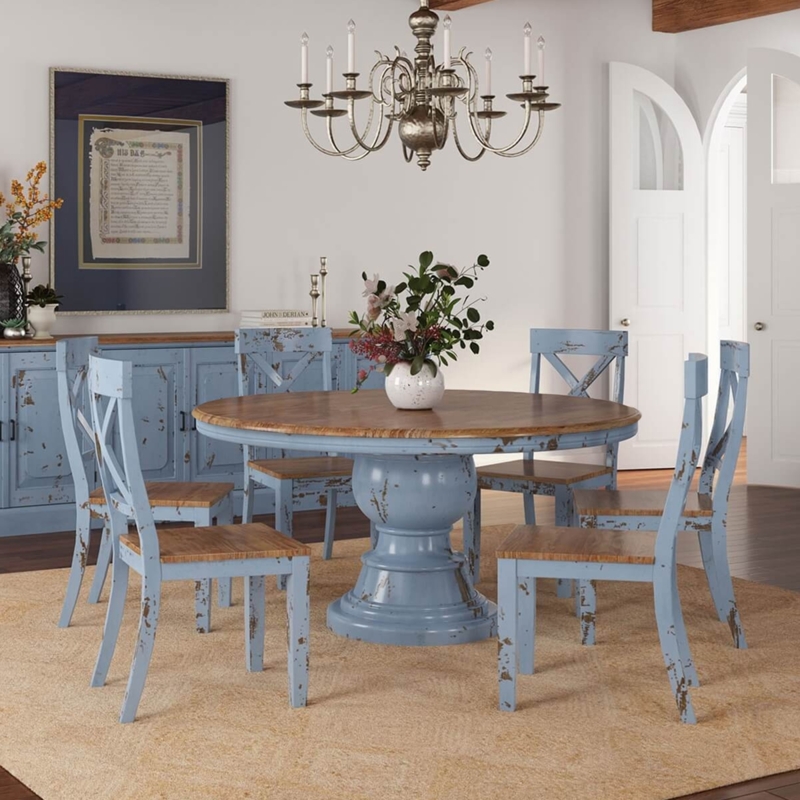 Dining Room Set Distressed Blue X-Back Chairs Rustic Farmhouse Pedestal