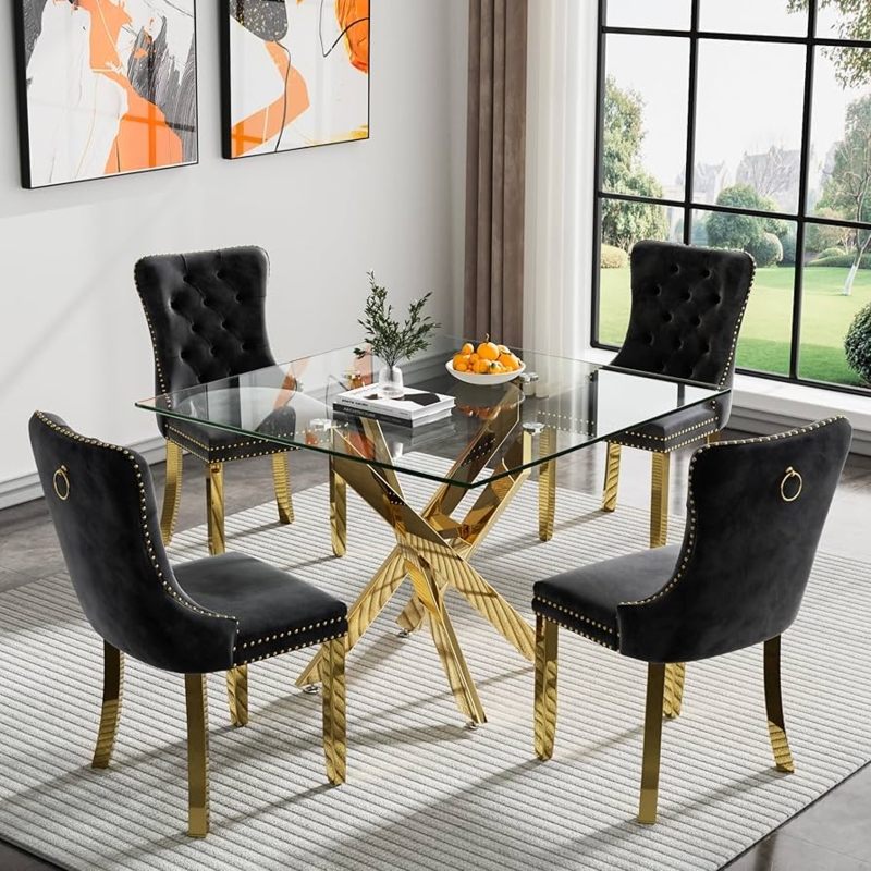 Dining Room Set: Glam Black Velvet Tufted Chairs, Gold Criss Cross Base