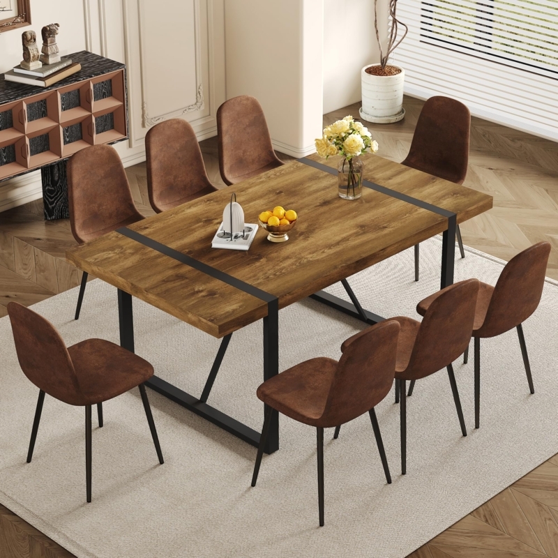 Dining Room Set Industrial Wood Metal Band Inlay Herringbone Pattern