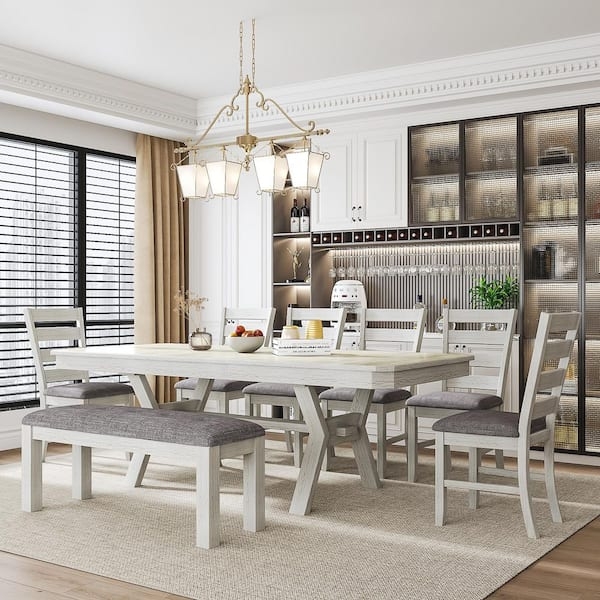 Dining Room Set Light Gray Farmhouse Trestle Table Matching Bench