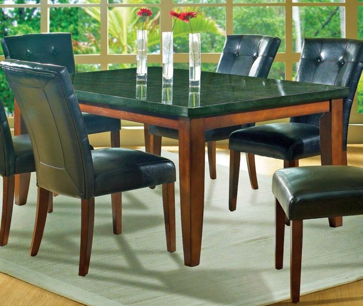 Dining Room Set Marbled Stone Top Tufted Black Chairs Wood Legs