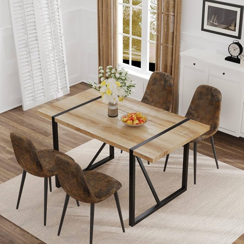 Dining Room Set Metal Tabletop Inlays Mottled Brown Chairs Trestle Base