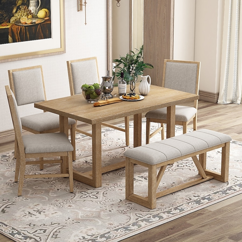 Dining Room Set Natural Wood Trestle Table Spindle Chairs Bench
