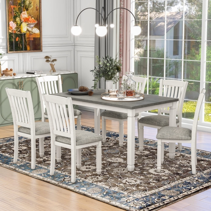 Dining Room Set Neoclassical 7-Piece Grey Table Top Slatted Back Chairs