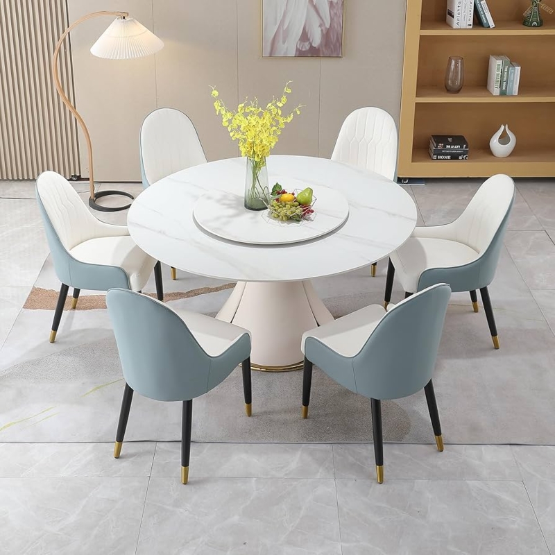 Dining Room Set Petal Shaped Base Lazy Susan Blue and White Chairs Glam