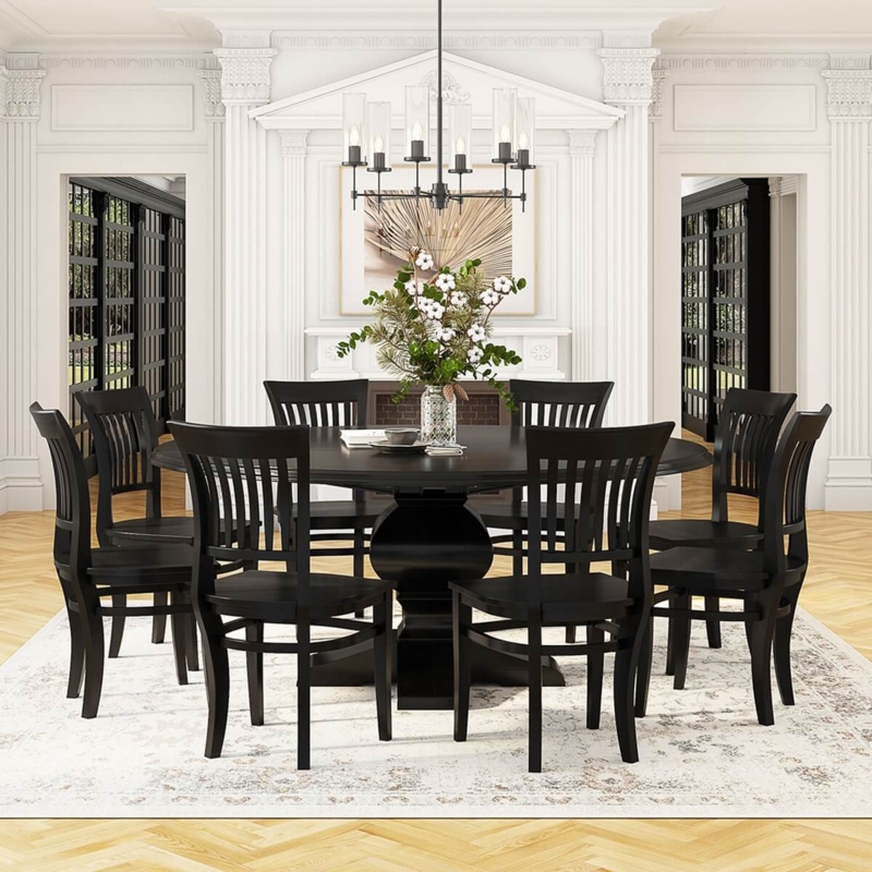 Dining Room Set Round Black Pedestal Base 8 Seater