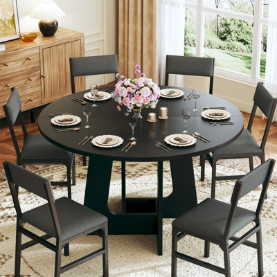 Dining Room Set Round Black Pedestal Spindle Back Chairs Seats Six