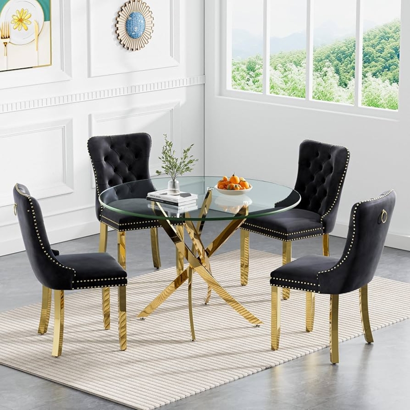 Dining Room Set Round Glass Sculptural Gold Base Black Velvet Tufted