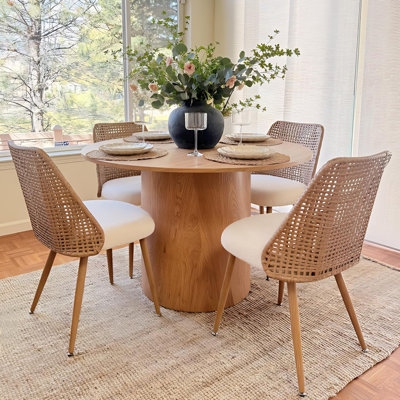Dining Room Set Round Oak Table White Boucle Chairs Scandi Boho