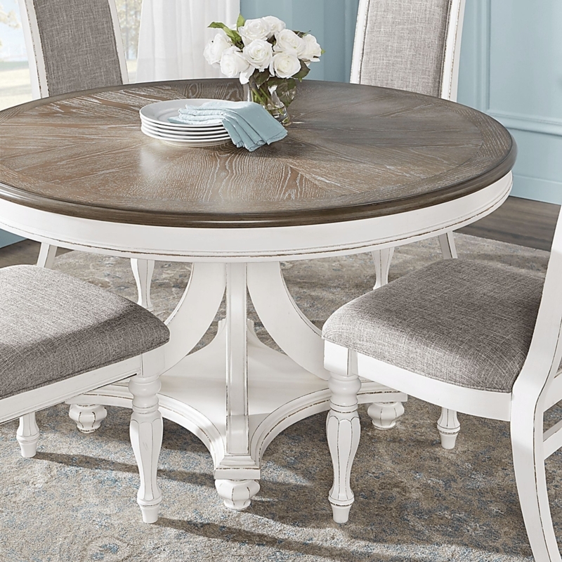 Dining Room Set Round Sunburst Wood Top Distressed White Finish
