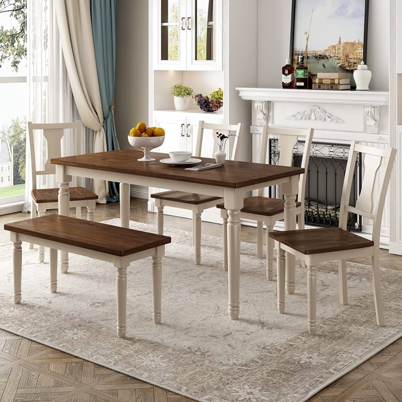 Dining Room Set Six Piece Turned Legs Farmhouse Table With Bench