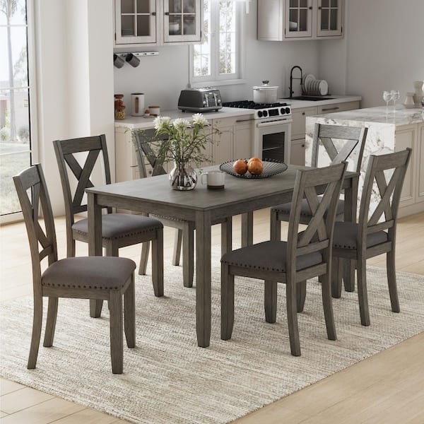 Dining Room Set Slat Back Chairs Weathered Wood Top Black Frame
