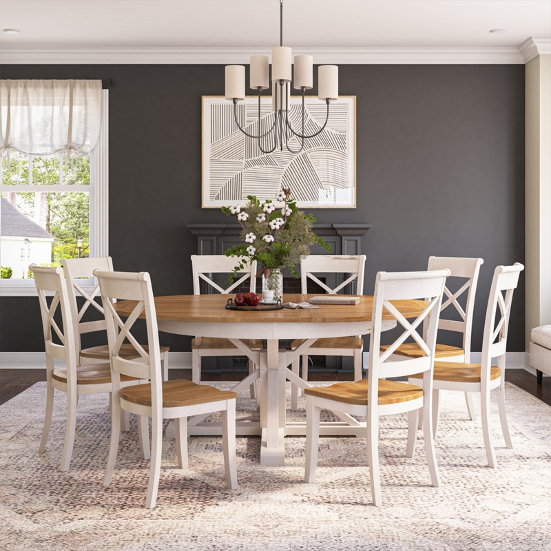 Dining Room Set Two-Tone White and Wood Pedestal X-Back Chairs