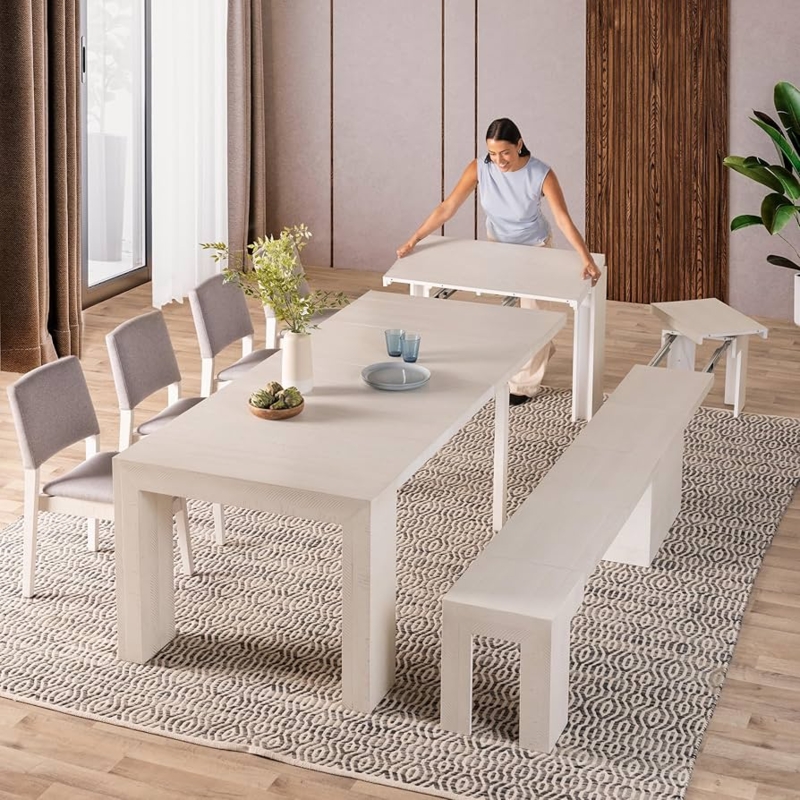 Dining Room Set Whitewashed Wood Modular Extension System