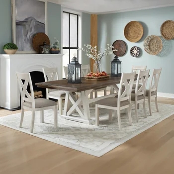 Dining Room Set with Trestle Base and White X-Back Chairs