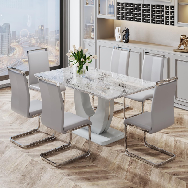 Dining Room Set with U-Shaped Pedestal Table and Cantilever Chairs