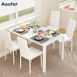 Dining Room Set with White Glass Top and Horizontal Channel Tufting