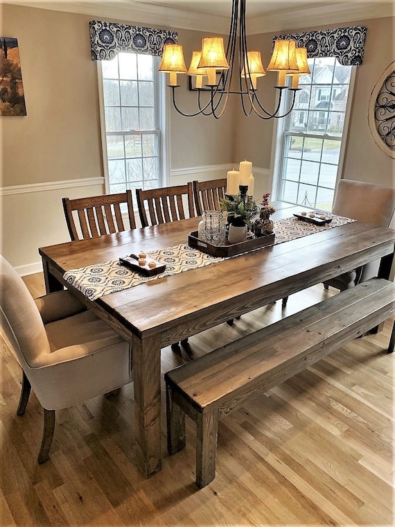 Dining Room Set, Wood Table, Bench & Upholstered Chairs