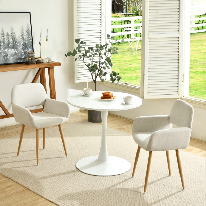 Dining Set 3-Piece Round White Pedestal Table Grey Upholstered Armchairs