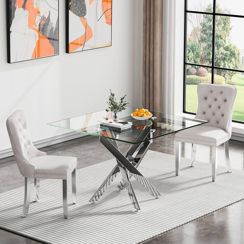 Dining Set 3-Piece Square Glass Silver Cross Legs Beige Tufted Chairs