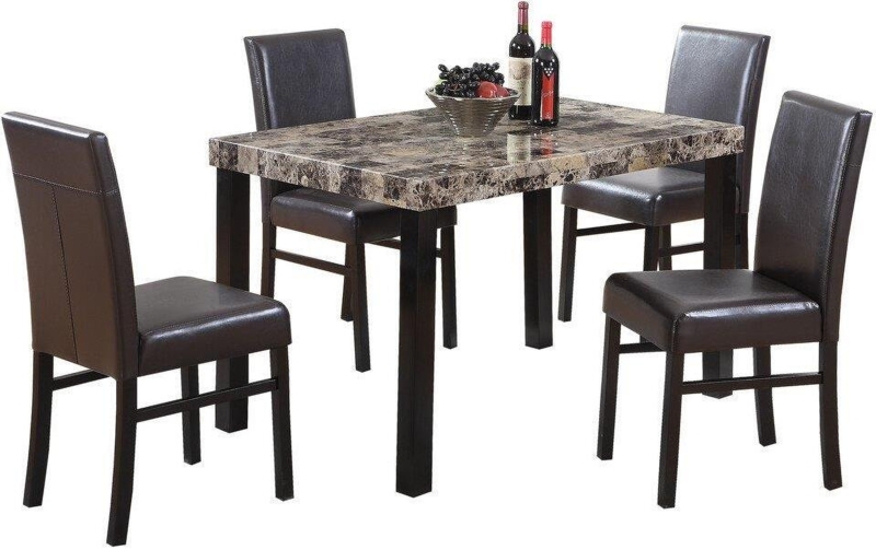 Dining Set 5-Piece Faux Marble Top Dark Leather Look High Back