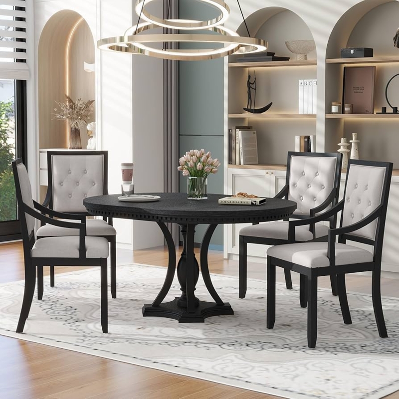 Dining Set 5 Piece Round Pedestal Table Tufted Upholstered Chairs