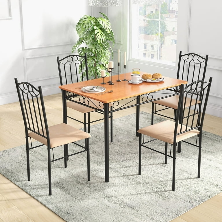 Dining Set 5-Piece Scrollwork Detail Black Metal Beige Fabric Compact