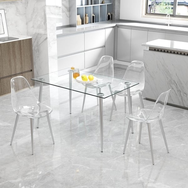 Dining Set 5-Piece Transparent Acrylic Chairs Silver Metal Legs