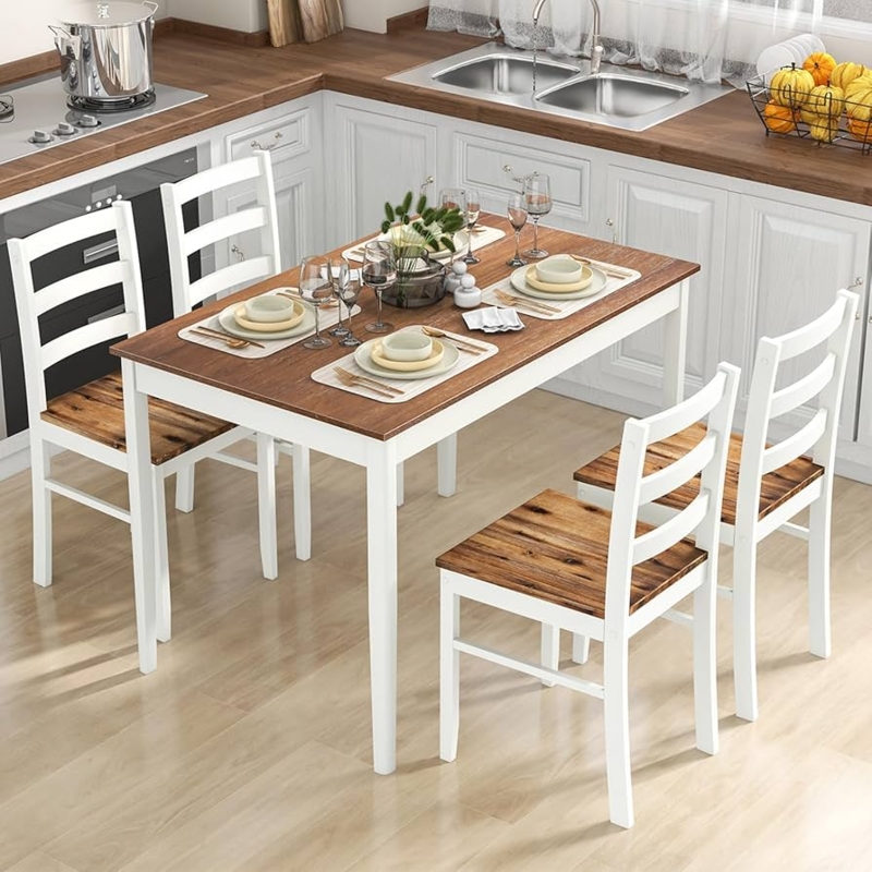Dining Set 5-Piece Two-Tone Finish Ladder Back Chairs Farmhouse