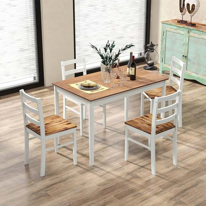 Dining Set 5-Piece Two-Tone White and Wood Ladder Back Chairs